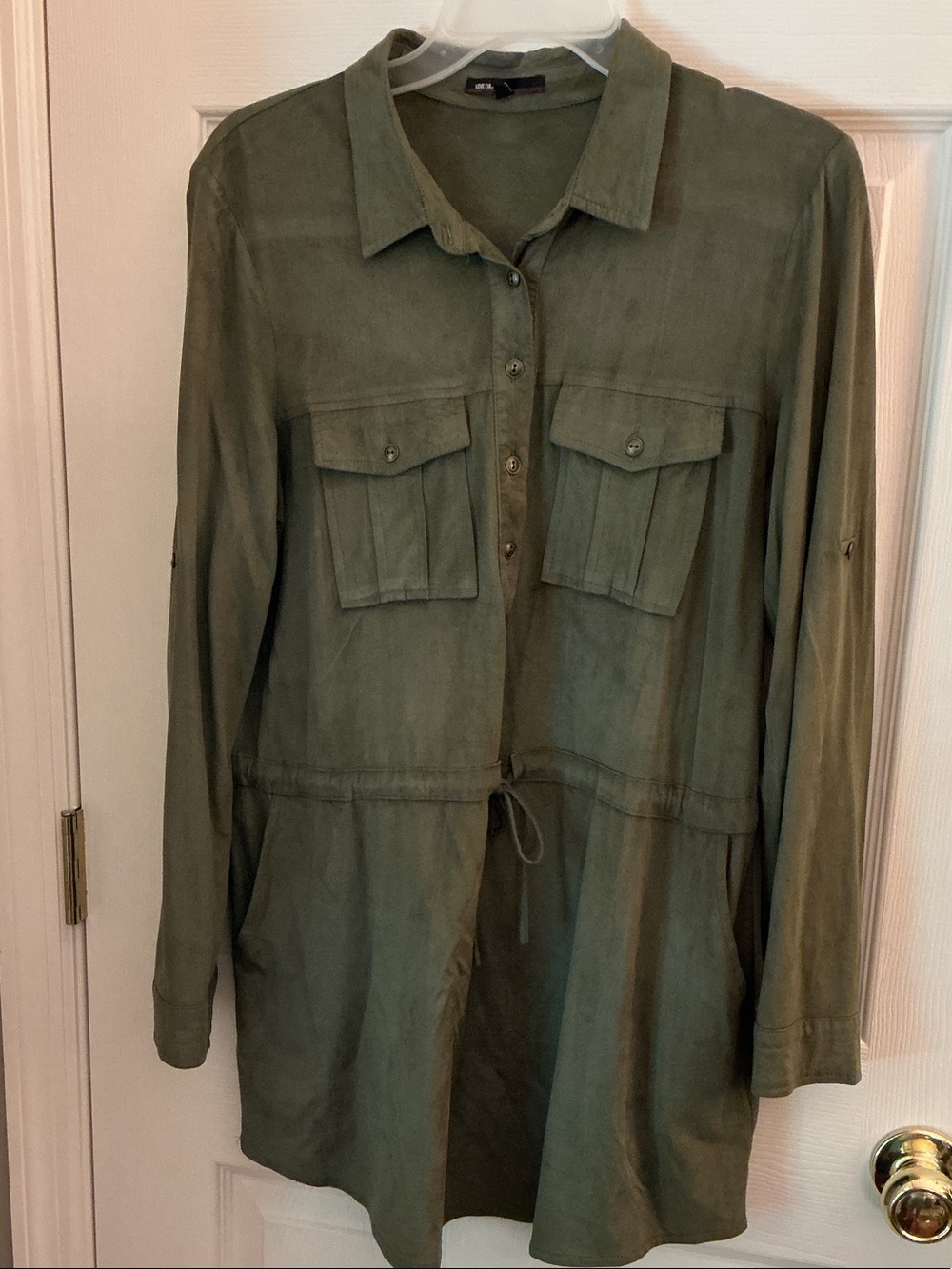 Olive Green Long-Sleeve Utility Shirt Dress